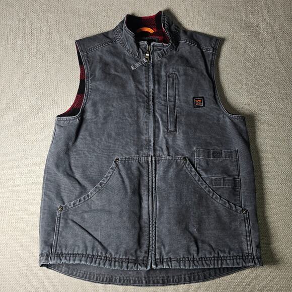 Mens Rugged Canvas Wahl's Navy Outdoor Work Vest with Soft Buffalo Check Lining - Picture 5 of 11